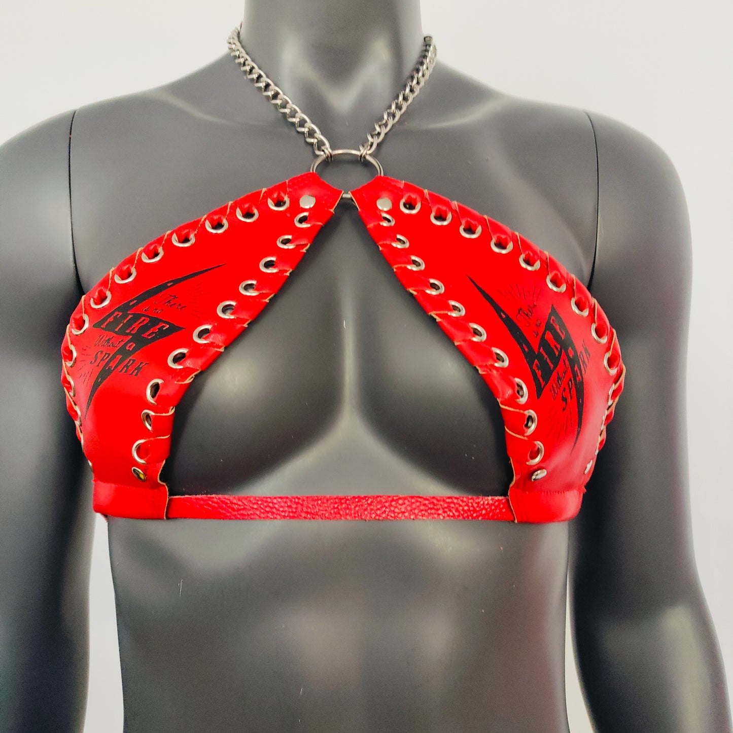 Gothic Black Lightning Print Red Vinyl Vampira Cross Top Bra