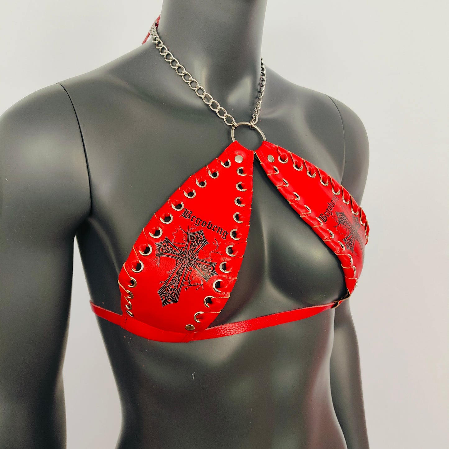 Gothic Black Cross Print Red Vinyl Vampira Cross Top Bra