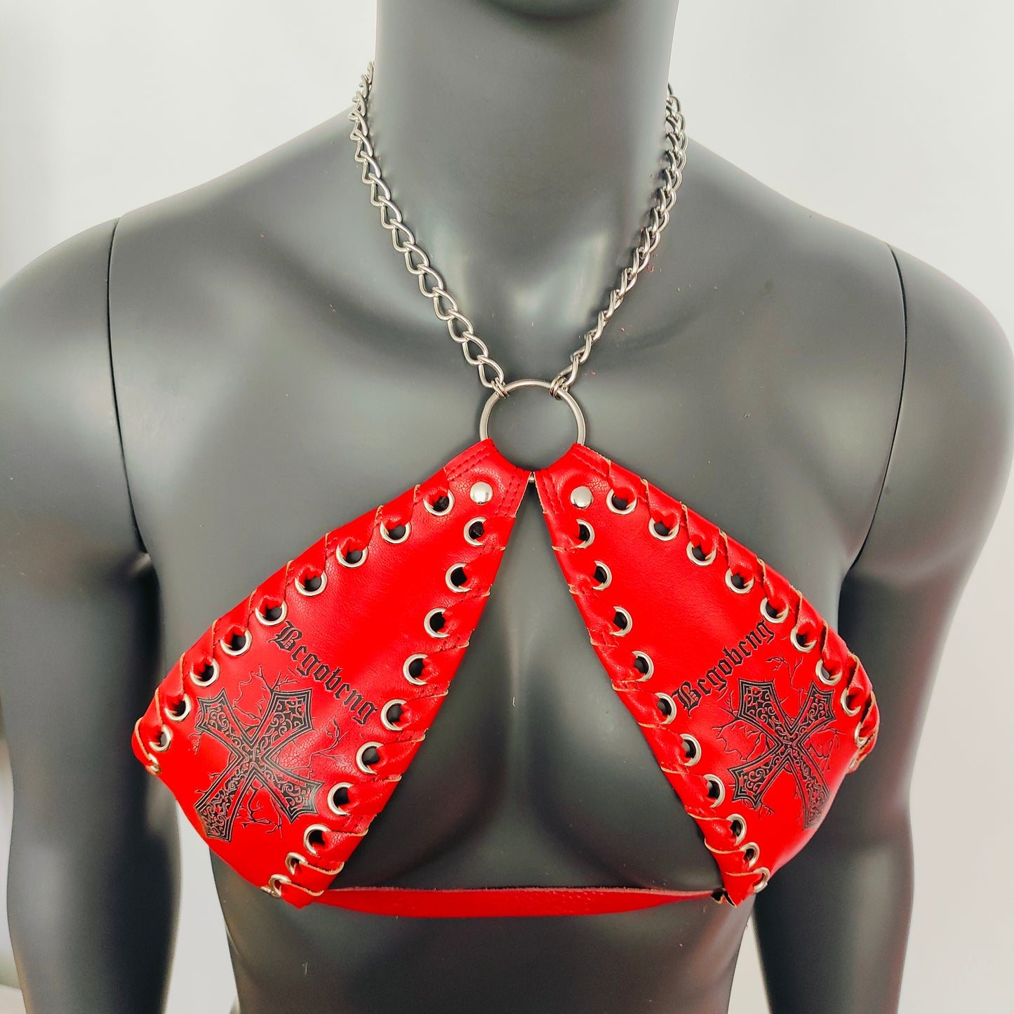 Gothic Black Cross Print Red Vinyl Vampira Cross Top Bra