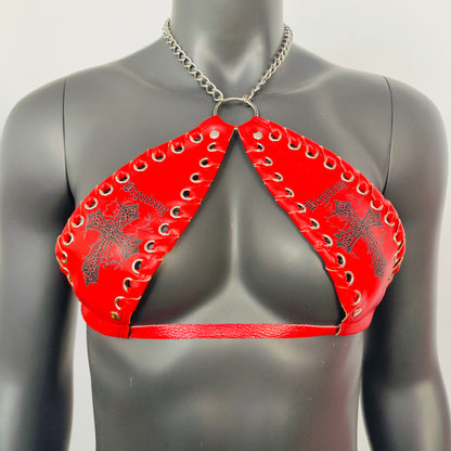 Gothic Black Cross Print Red Vinyl Vampira Cross Top Bra