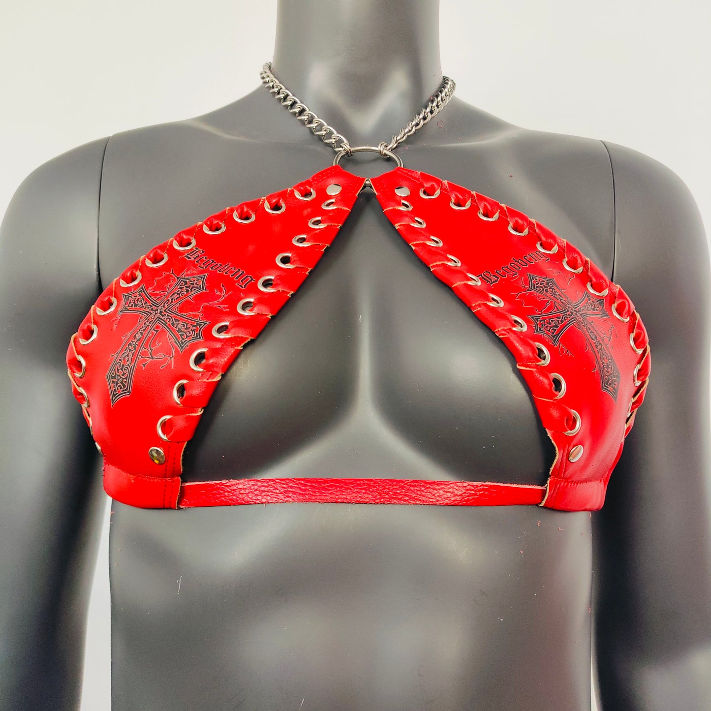 Gothic Black Cross Print Red Vinyl Vampira Cross Top Bra