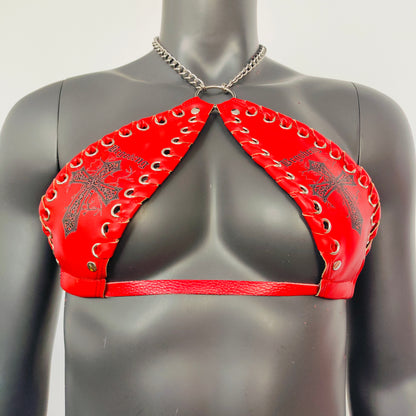 Gothic Black Cross Print Red Vinyl Vampira Cross Top Bra
