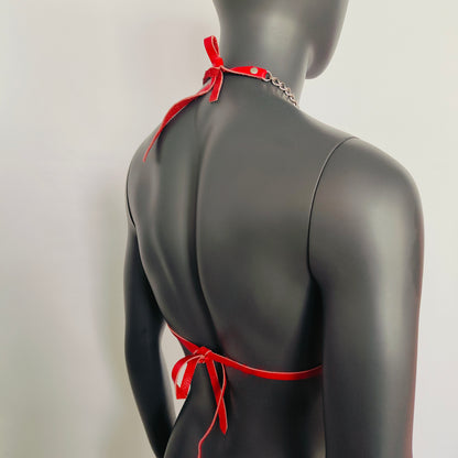 Gothic Black Cross Print Red Vinyl Vampira Cross Top Bra