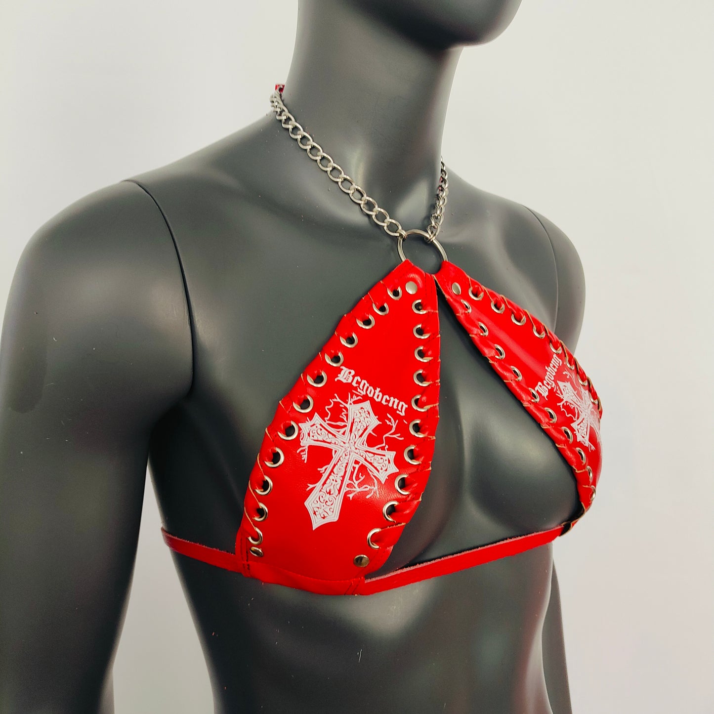 Gothic White Cross Print Red Vinyl Vampira Cross Top Bra