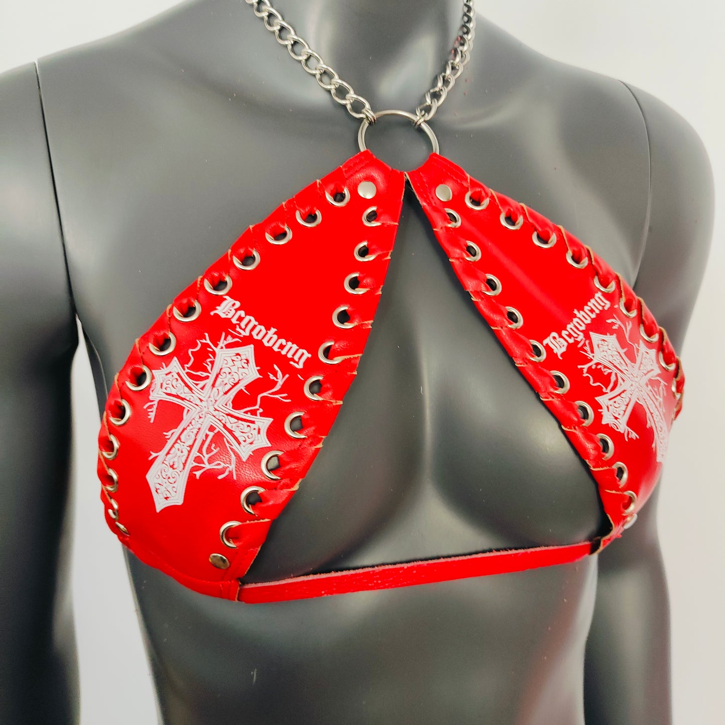 Gothic White Cross Print Red Vinyl Vampira Cross Top Bra