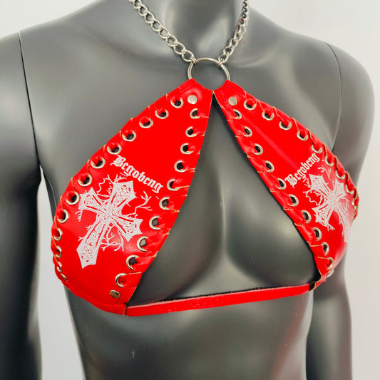 Gothic White Cross Print Red Vinyl Vampira Cross Top Bra