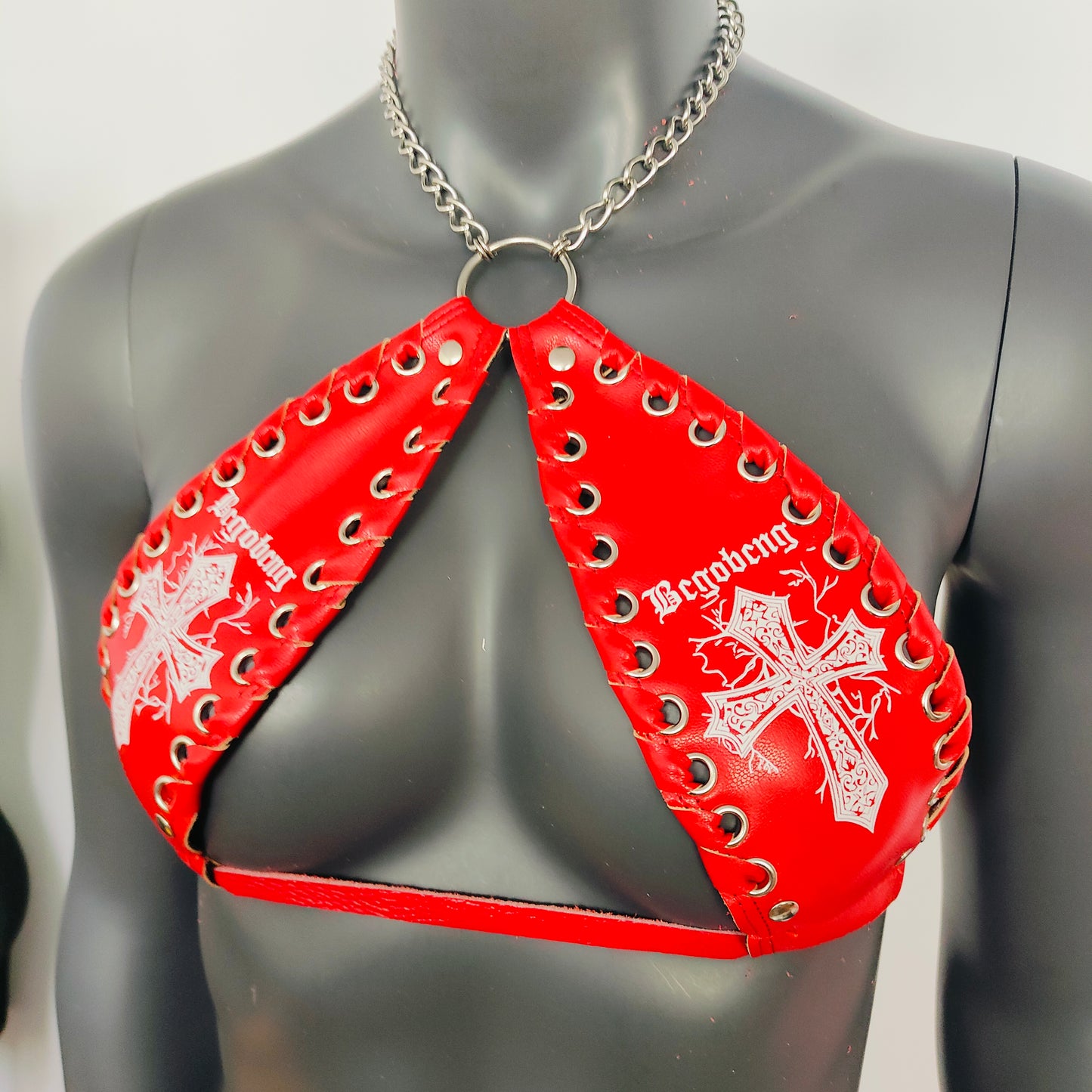 Gothic White Cross Print Red Vinyl Vampira Cross Top Bra