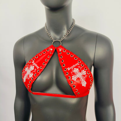 Gothic White Cross Print Red Vinyl Vampira Cross Top Bra