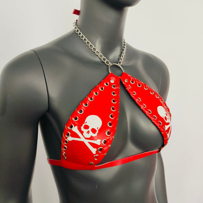 Gothic White Skull Print Red Vinyl Vampira Cross Top Bra
