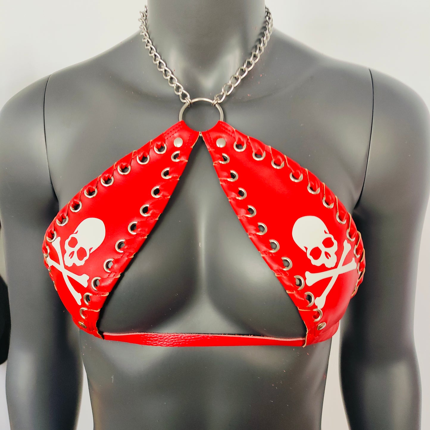 Gothic White Skull Print Red Vinyl Vampira Cross Top Bra