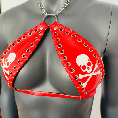 Gothic White Skull Print Red Vinyl Vampira Cross Top Bra