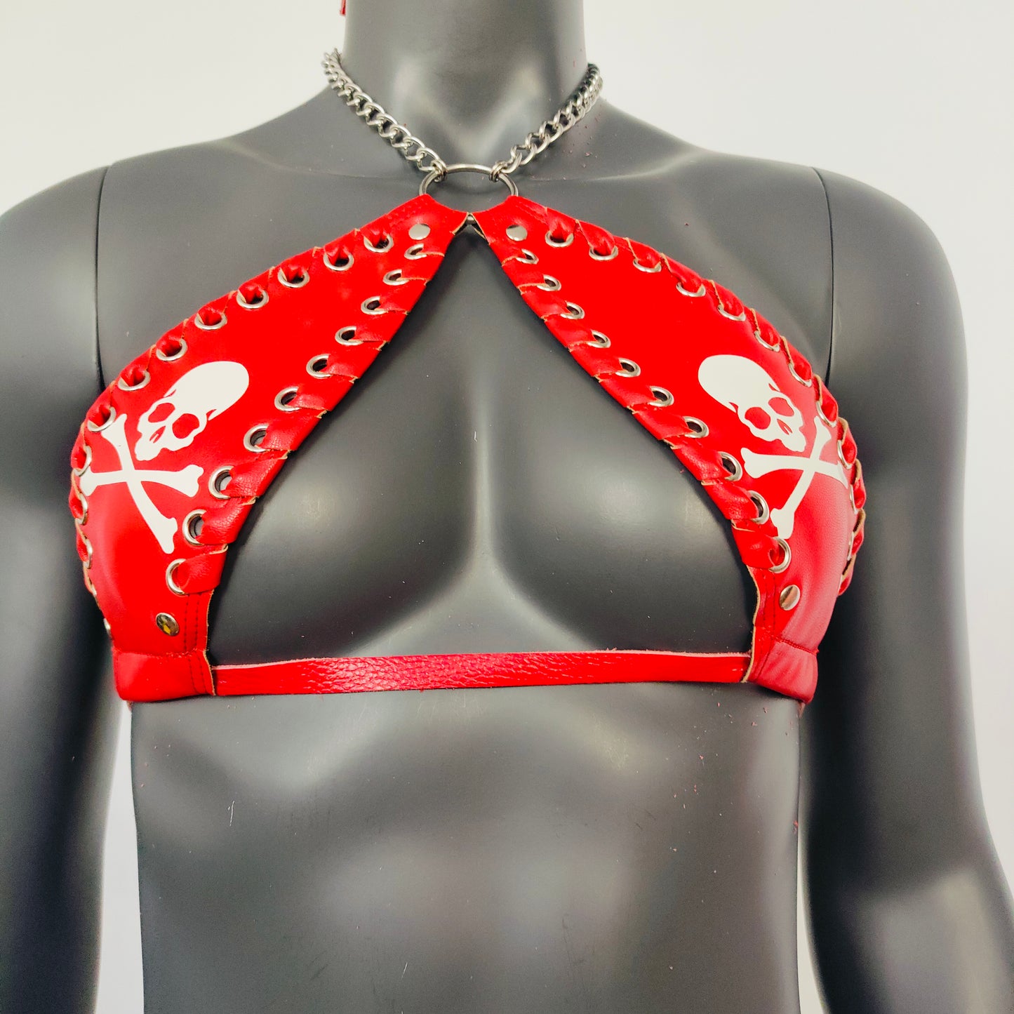 Gothic White Skull Print Red Vinyl Vampira Cross Top Bra