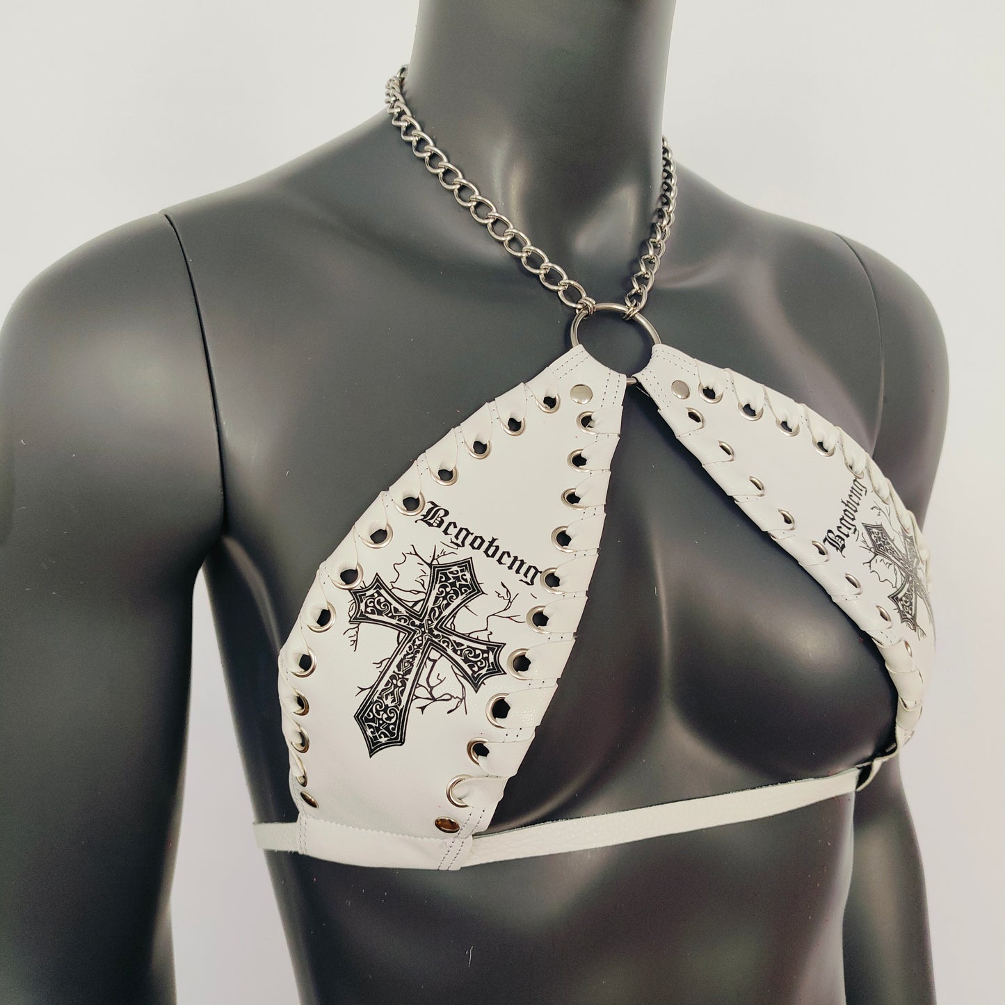 Gothic Black Cross Print White Vinyl Vampira Cross Top Bra