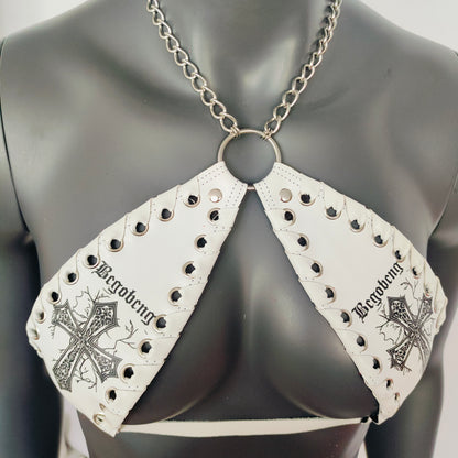Gothic Black Cross Print White Vinyl Vampira Cross Top Bra