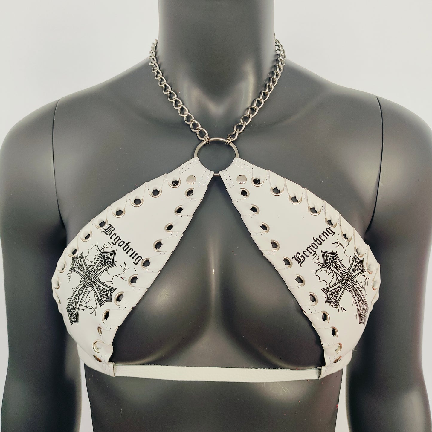 Gothic Black Cross Print White Vinyl Vampira Cross Top Bra