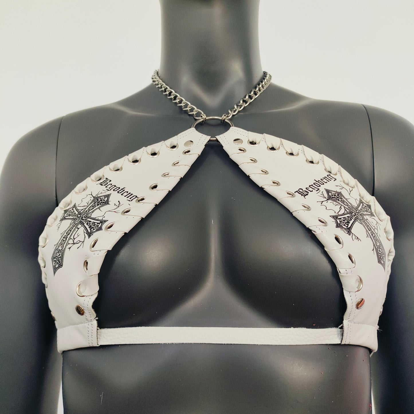 Gothic Black Cross Print White Vinyl Vampira Cross Top Bra