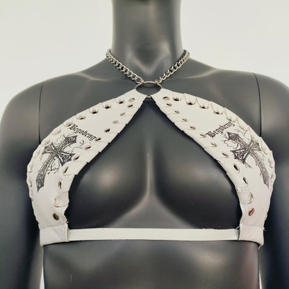 Gothic Black Cross Print White Vinyl Vampira Cross Top Bra
