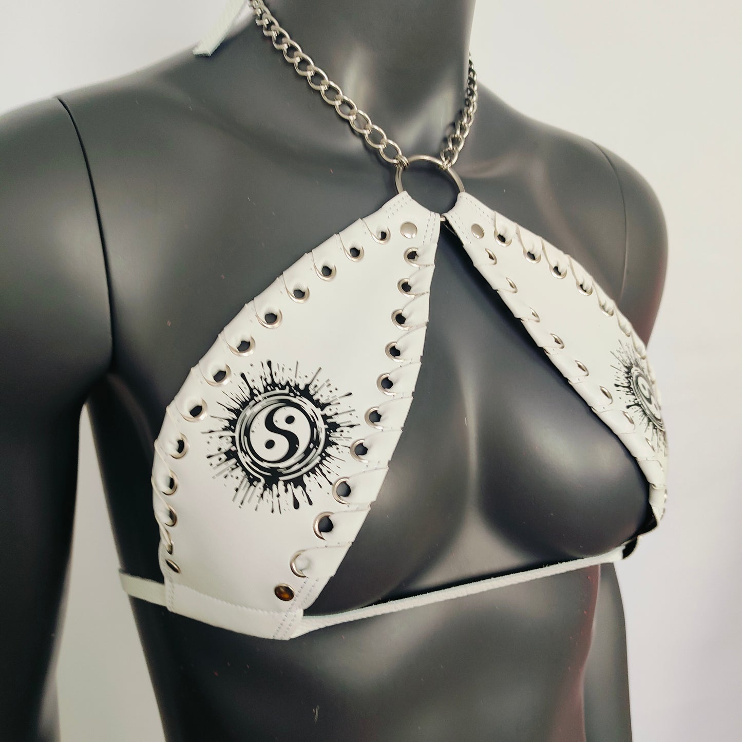 Gothic Black Tai Chi Print White Vinyl Vampira Cross Top Bra