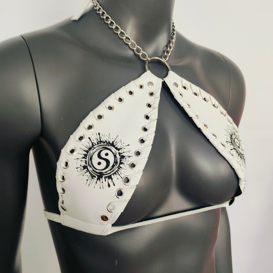 Gothic Black Tai Chi Print White Vinyl Vampira Cross Top Bra
