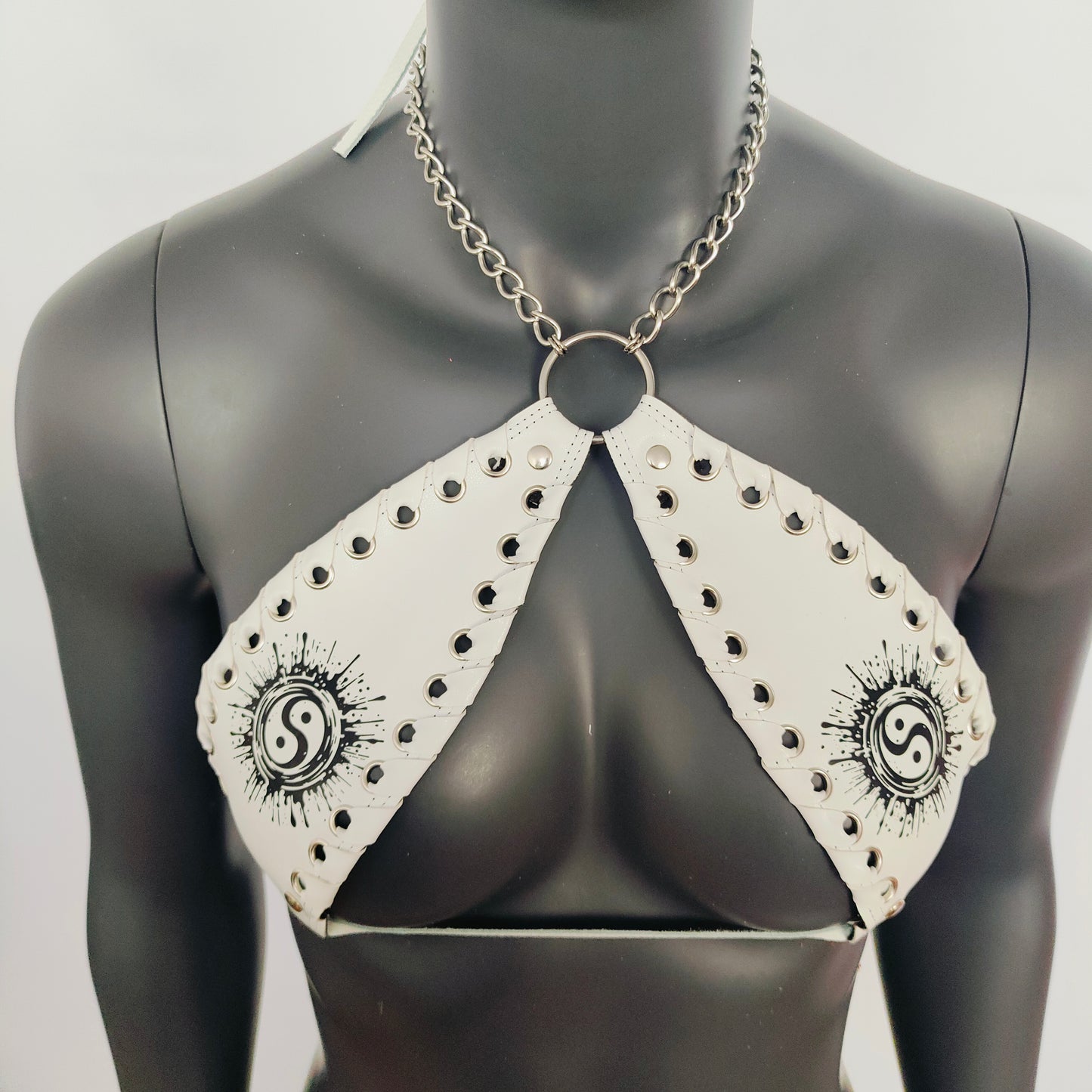 Gothic Black Tai Chi Print White Vinyl Vampira Cross Top Bra