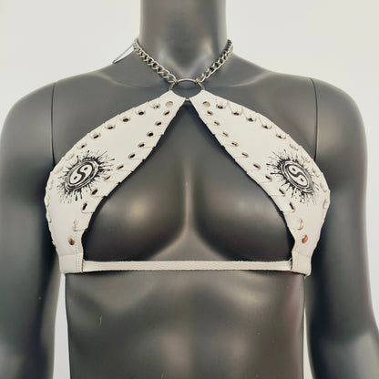 Gothic Black Tai Chi Print White Vinyl Vampira Cross Top Bra