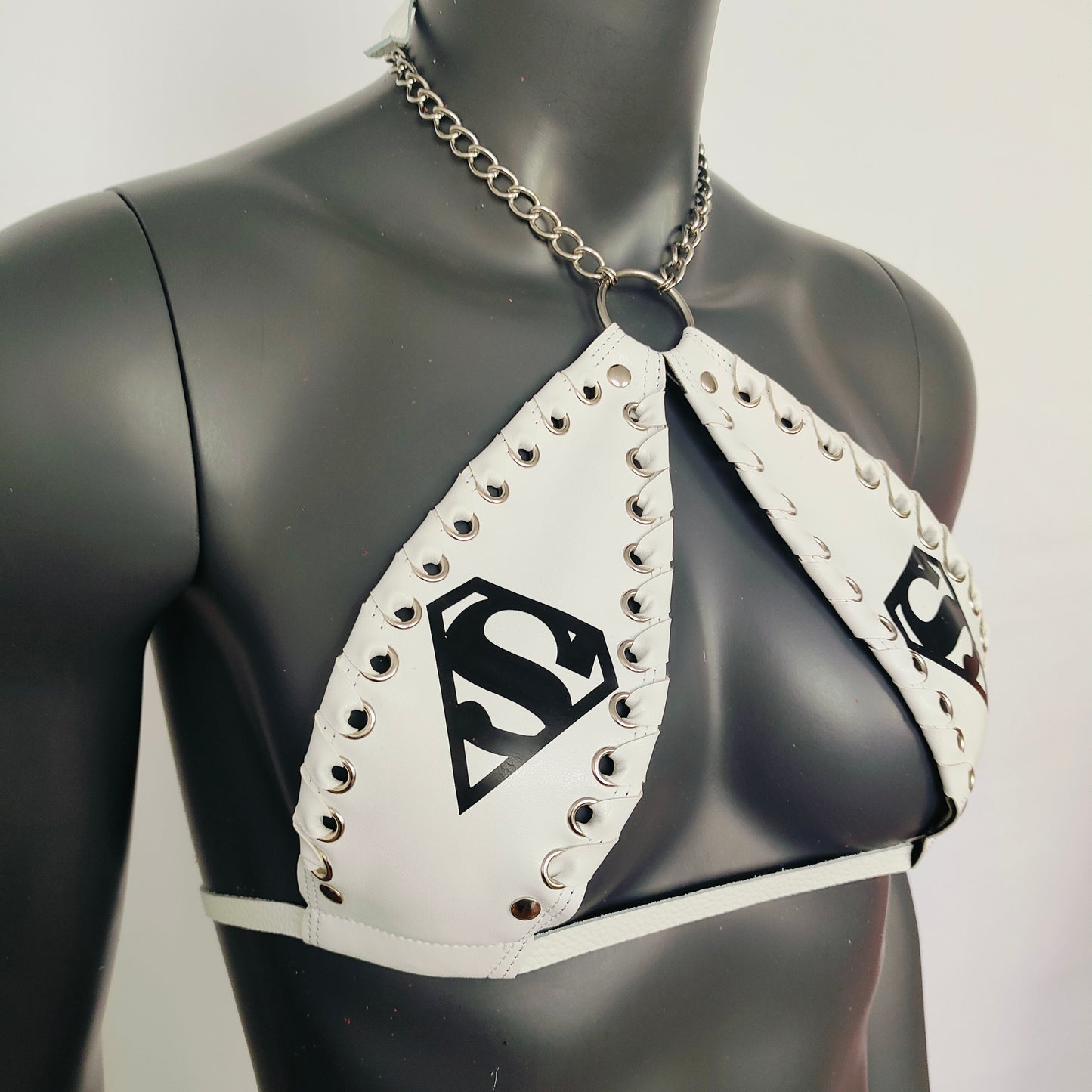 Gothic Black Superman print White Vinyl Vampira Cross Top Bra