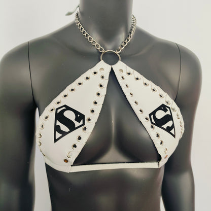 Gothic Black Superman print White Vinyl Vampira Cross Top Bra