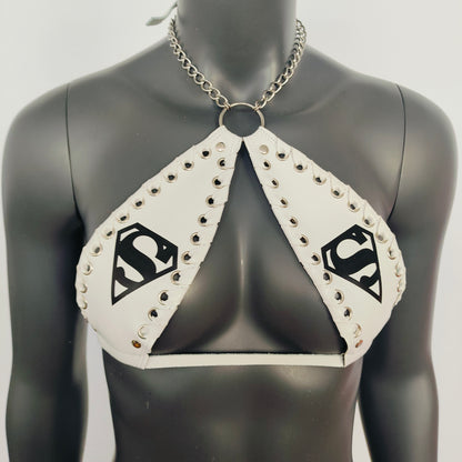 Gothic Black Superman print White Vinyl Vampira Cross Top Bra