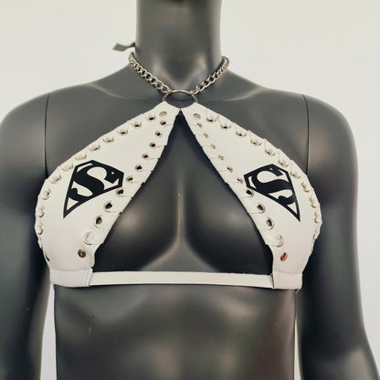 Gothic Black Superman print White Vinyl Vampira Cross Top Bra