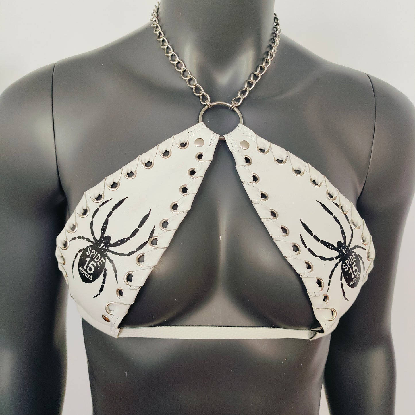Gothic Black Spider Print White Vinyl Vampira Cross Top Bra