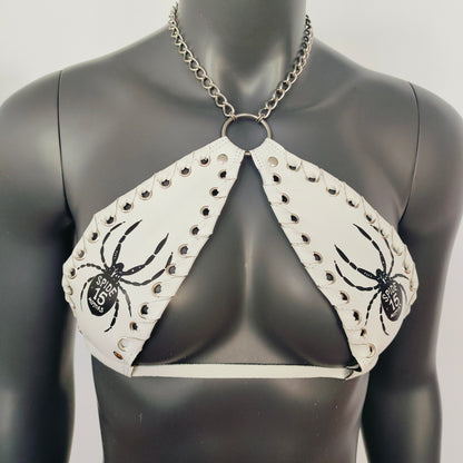 Gothic Black Spider Print White Vinyl Vampira Cross Top Bra
