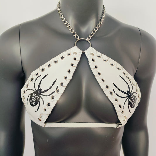 Gothic Black Spider Print White Vinyl Vampira Cross Top Bra
