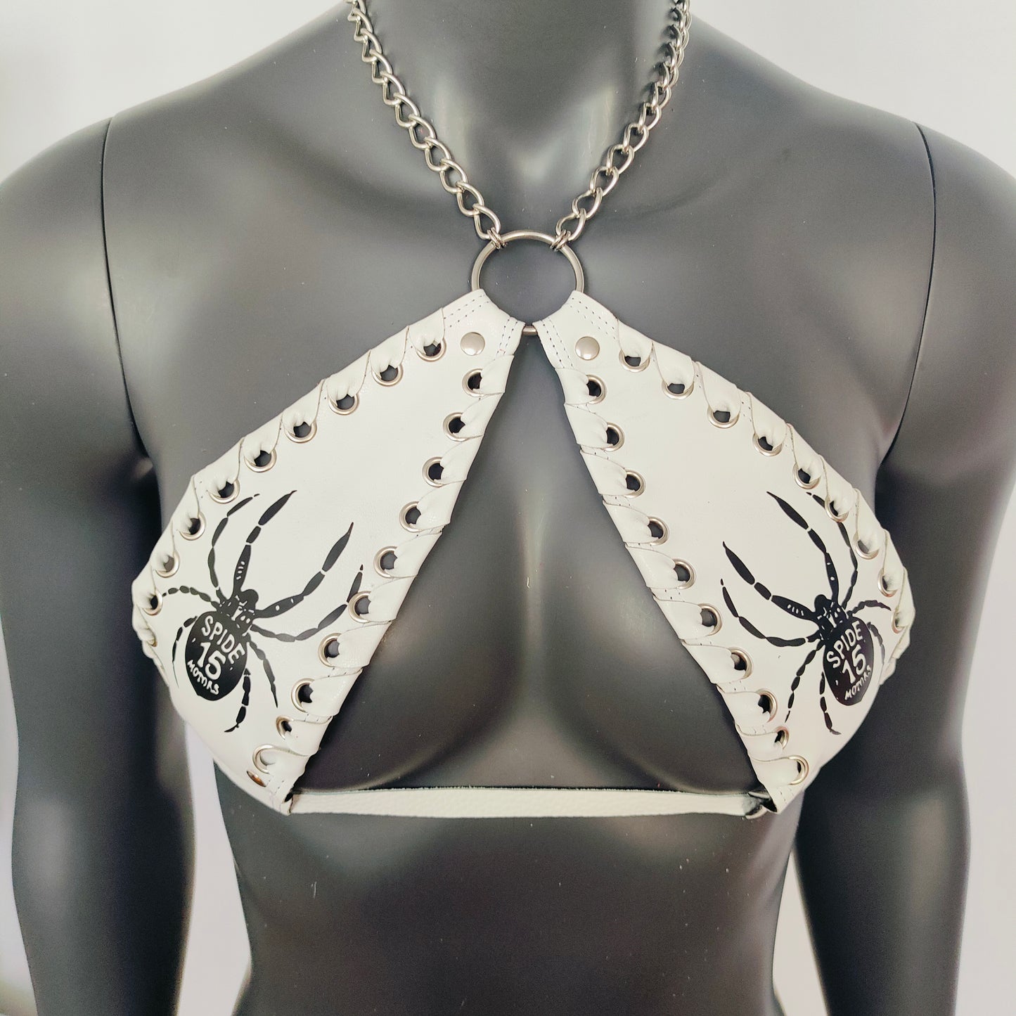 Gothic Black Spider Print White Vinyl Vampira Cross Top Bra