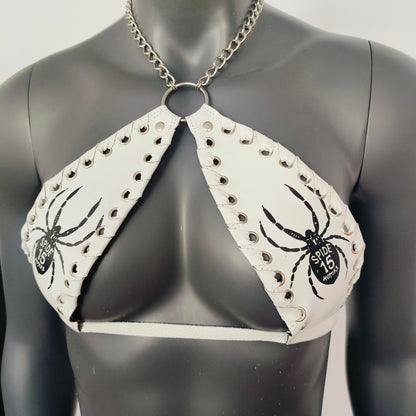 Gothic Black Spider Print White Vinyl Vampira Cross Top Bra