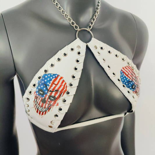 Gothic Stars and Stripes Skull Print White Vinyl Vampira Cross Top Bra
