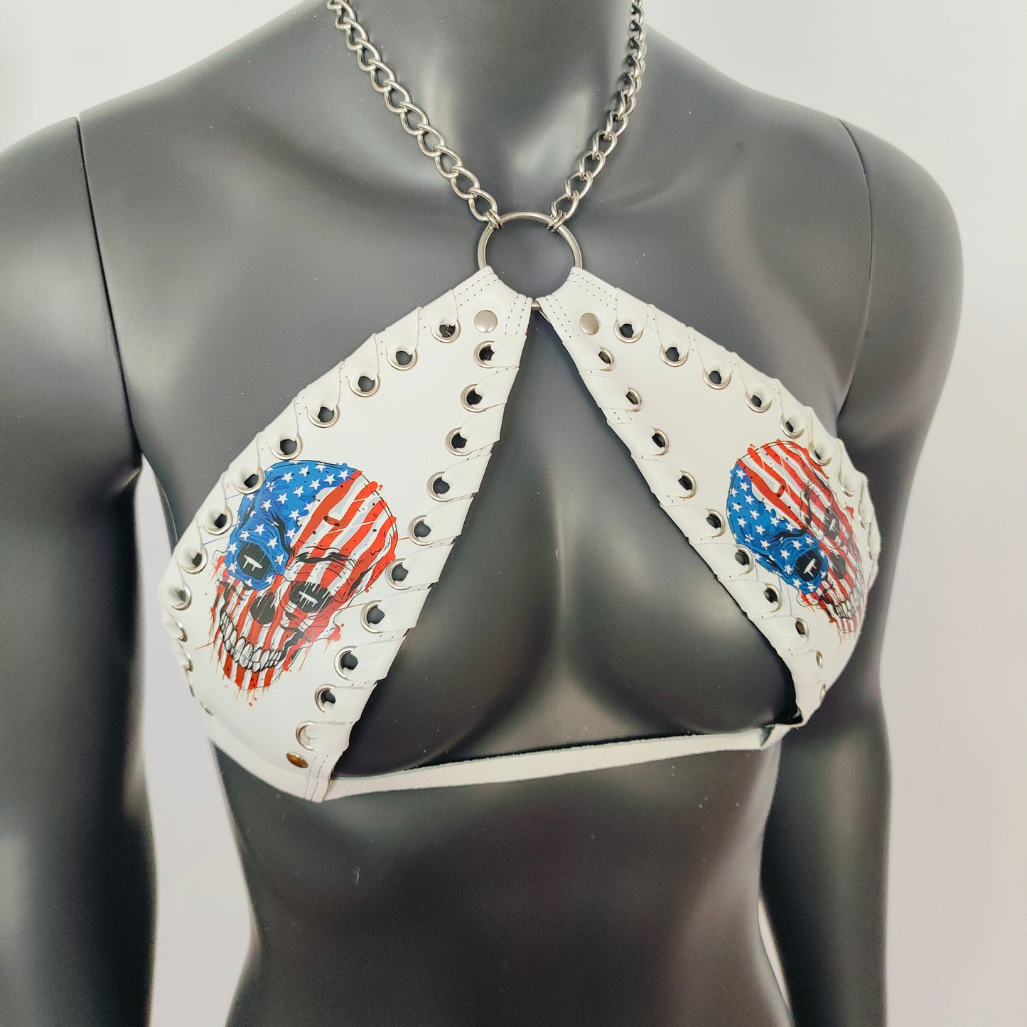 Gothic Stars and Stripes Skull Print White Vinyl Vampira Cross Top Bra