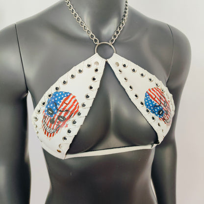 Gothic Stars and Stripes Skull Print White Vinyl Vampira Cross Top Bra