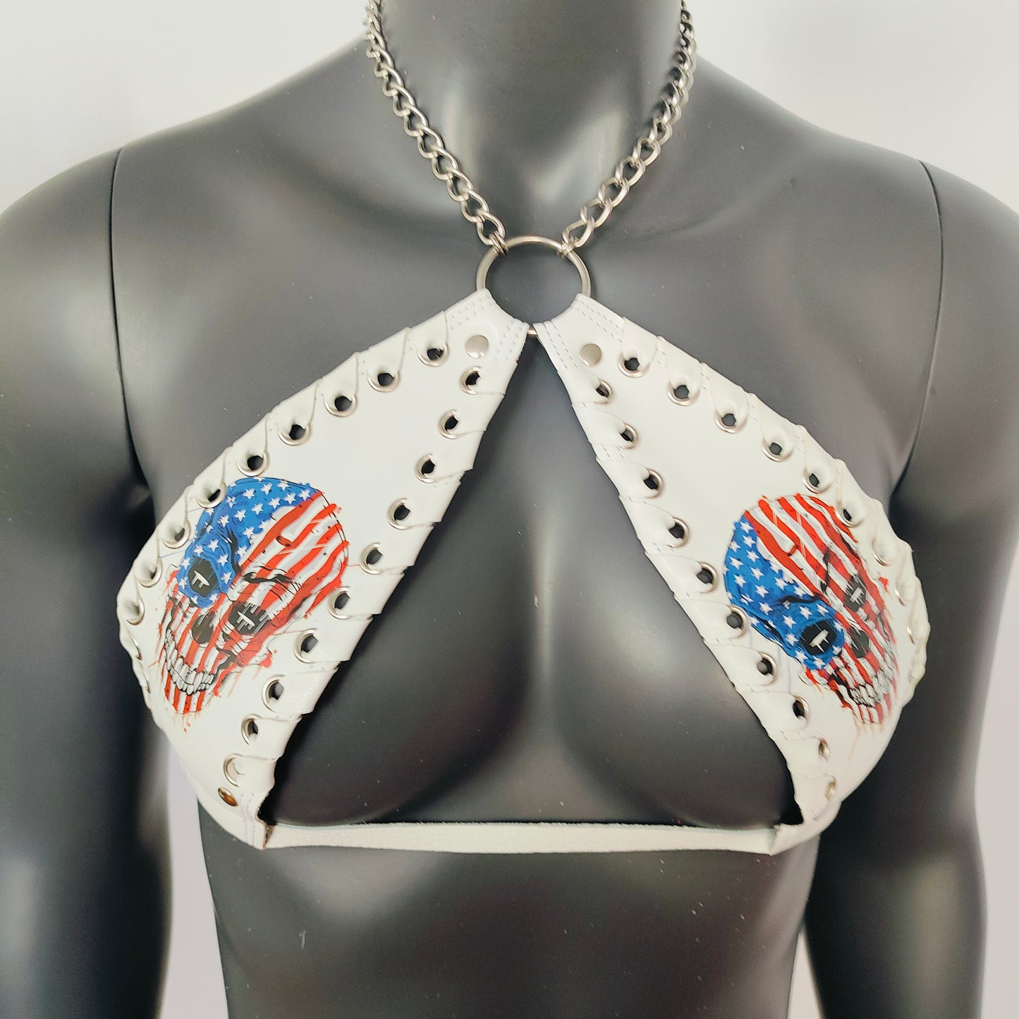 Gothic Stars and Stripes Skull Print White Vinyl Vampira Cross Top Bra