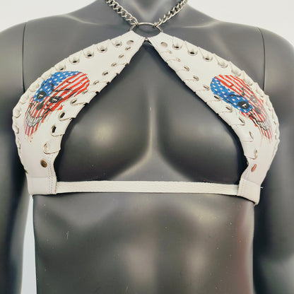 Gothic Stars and Stripes Skull Print White Vinyl Vampira Cross Top Bra