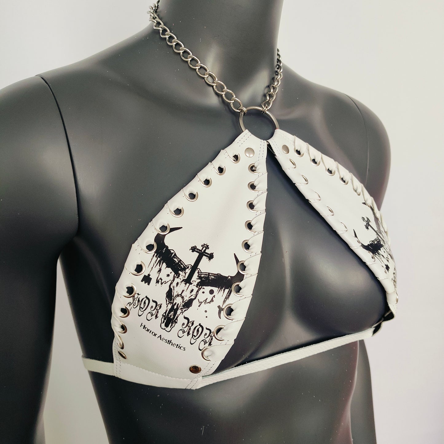 Gothic Black Bull Head Skull Print White Vinyl Vampira Cross Top Bra