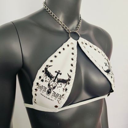 Gothic Black Bull Head Skull Print White Vinyl Vampira Cross Top Bra