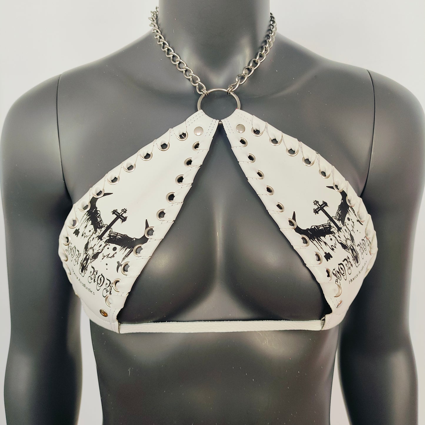 Gothic Black Bull Head Skull Print White Vinyl Vampira Cross Top Bra