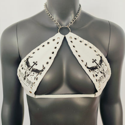 Gothic Black Bull Head Skull Print White Vinyl Vampira Cross Top Bra