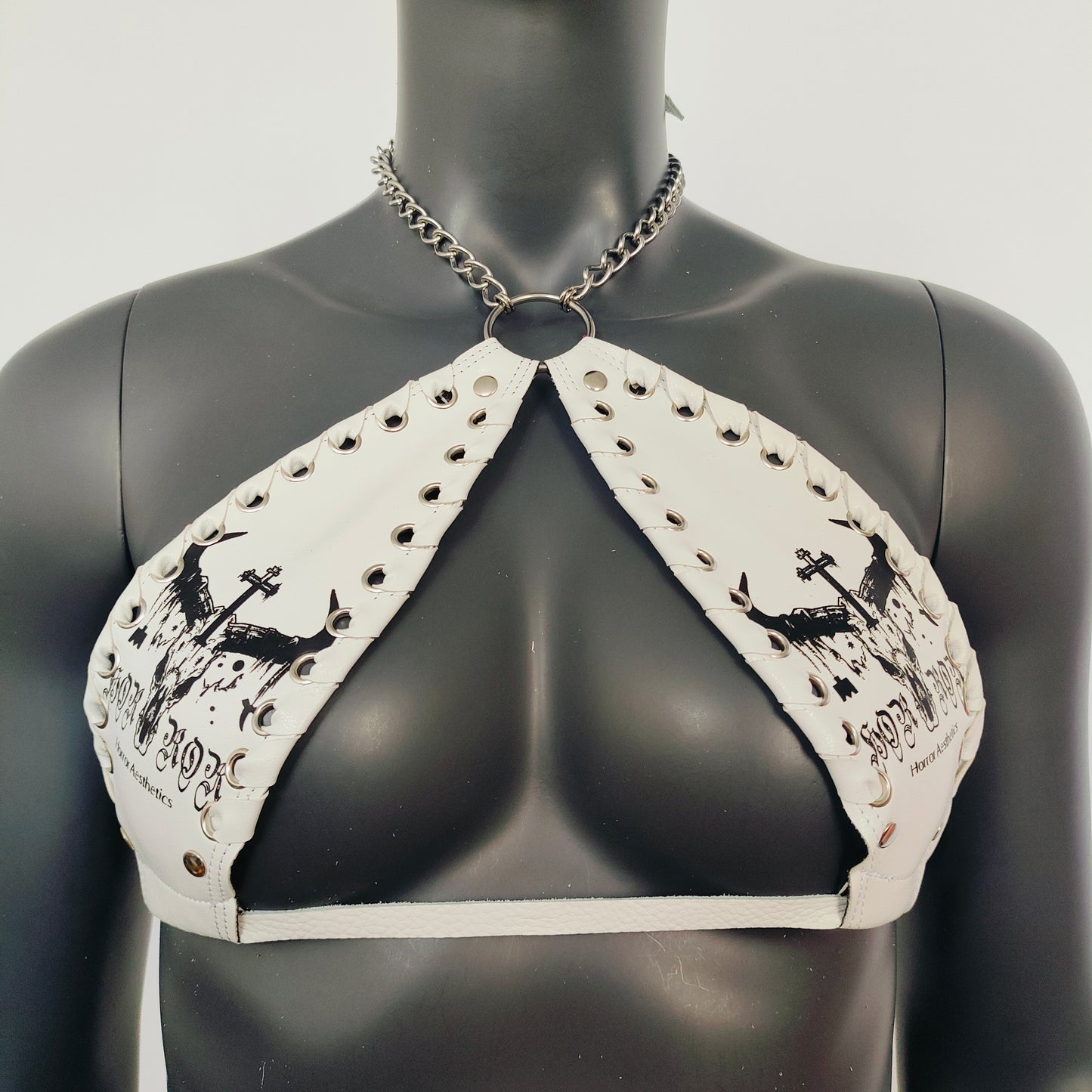 Gothic Black Bull Head Skull Print White Vinyl Vampira Cross Top Bra