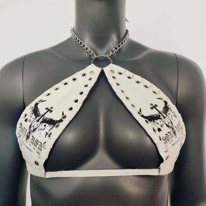 Gothic Black Bull Head Skull Print White Vinyl Vampira Cross Top Bra