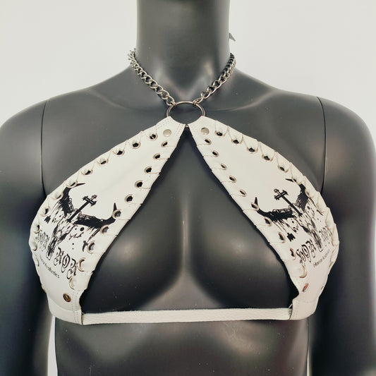 Gothic Black Bull Head Skull Print White Vinyl Vampira Cross Top Bra