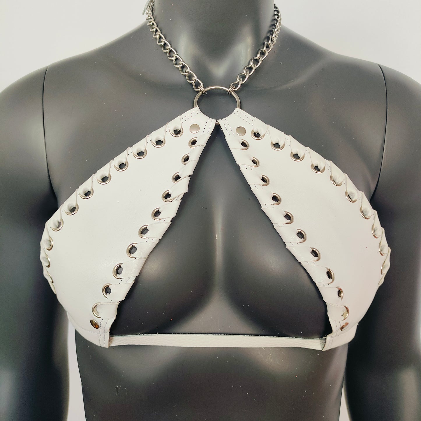 Gothic White Vinyl Vampira Cross Top Bra