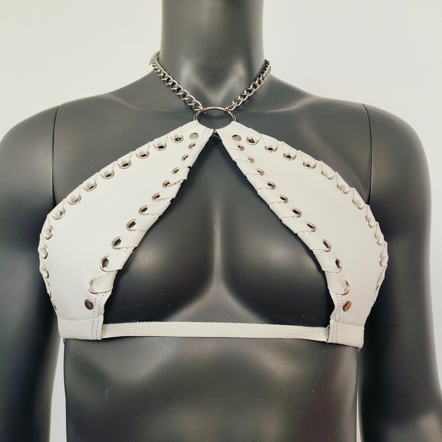 Gothic White Vinyl Vampira Cross Top Bra