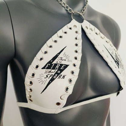 Gothic Black Lightning Print White Vinyl Vampira Cross Top Bra