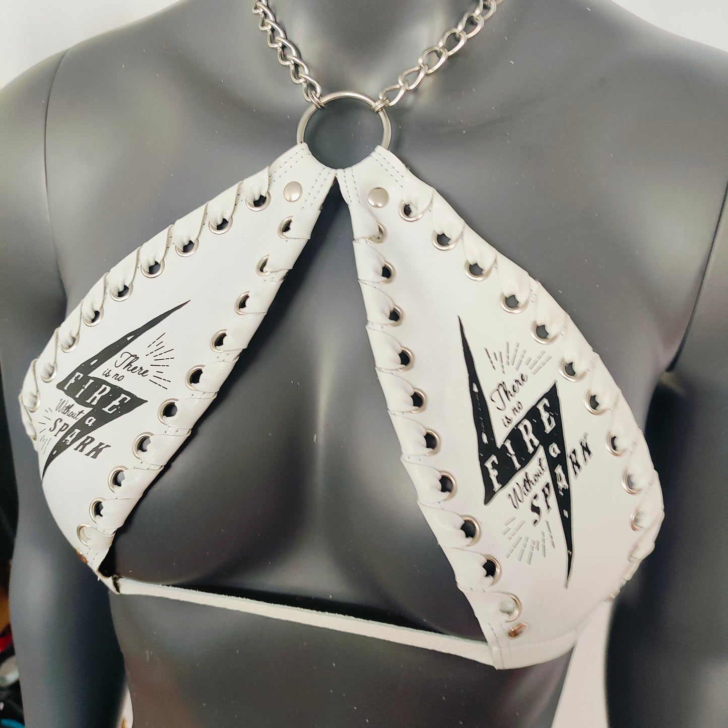 Gothic Black Lightning Print White Vinyl Vampira Cross Top Bra